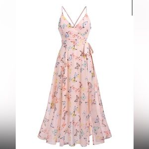 NWOT.  Pink butterfly print maxi dress, backless